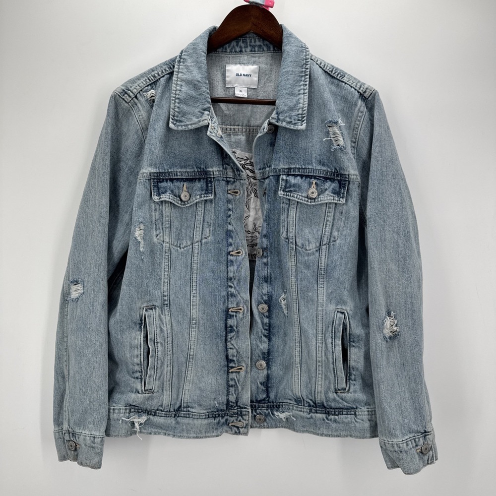 Old Navy XL‎ Denim Jacket White Tiger Embroidered Distressed Trucker Y2K Grunge